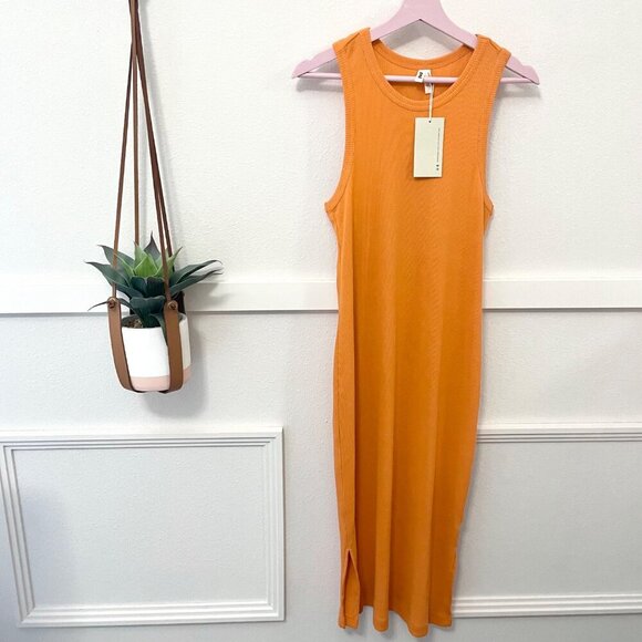 NWT Pact Orange Organic Cotton Ribbed Fitted Racerback Dress Size M - Picture 1 of 6